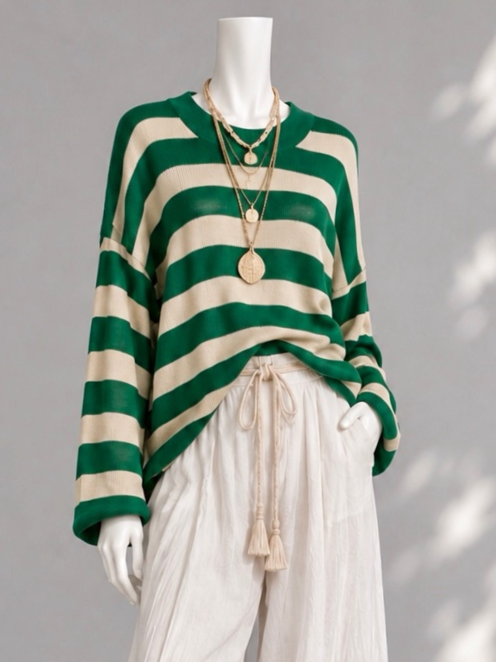 Free People Beach Malibu Sweater XL Green Stripe Oversized Slouchy Pullover